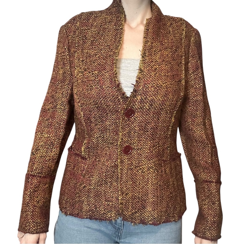 Zara Brown Red Yellow Wool Tweed Blazer Size 10 Jacket